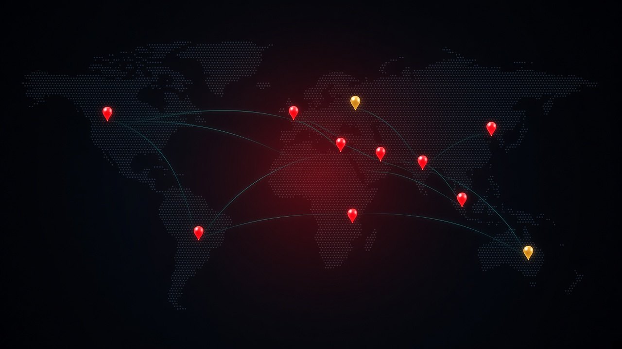 Dark world map with pins on the places where we place promos